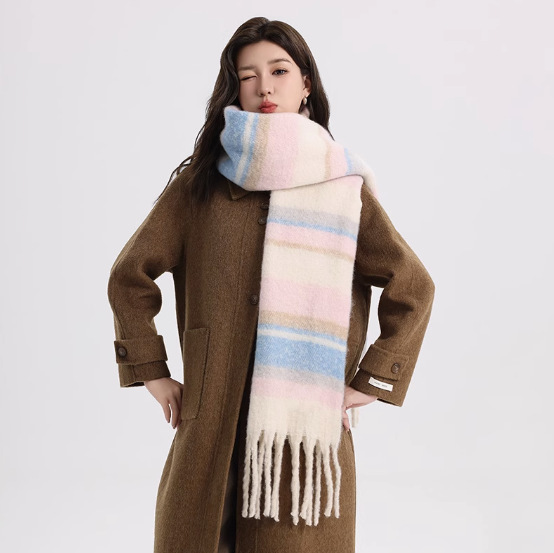 马海毛加厚条纹围巾女冬季韩系ins风美拉德流苏披肩时尚情侣围脖|undefined