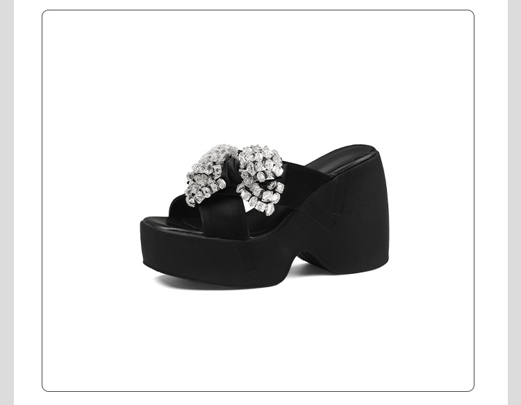 Sandal cao gót nữ đính đá hở mũi quai chéo nơ bướm đế dày — màu đen chi tiết 18