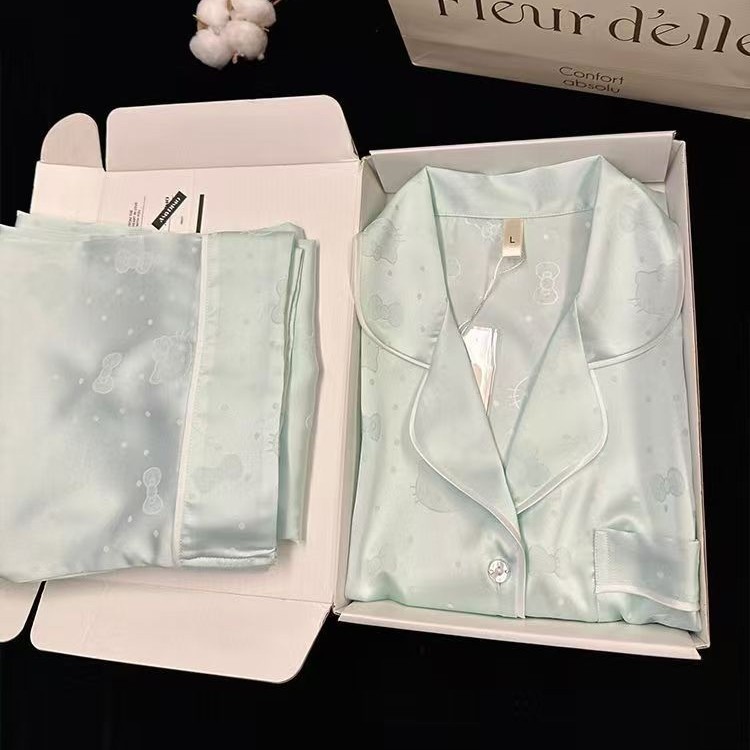 Popular Jacquard Ice Silk Pajamas Women's Short-Sleeved Shorts Summer Cartoon Kt Cat Cardigan Lapel Large Size Home Wear Set