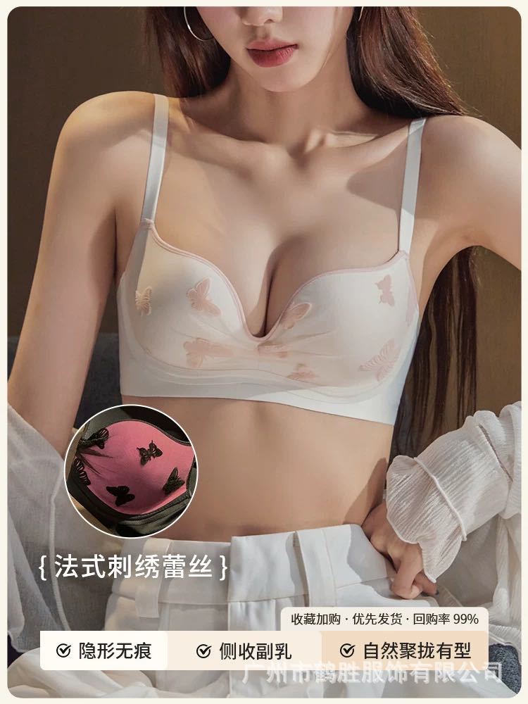 Ropa interior francesa, nuevo estilo femenino bordado de encaje, pechos pequeños, sin costuras, puro deseo, estilo dulce y picante, sujetador sin anillo de acero