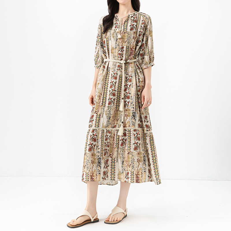 Xinge Bohemian Holiday dress Summer Thin Loose Slimming Tassel Waist Rope Linen Print Long Dress
