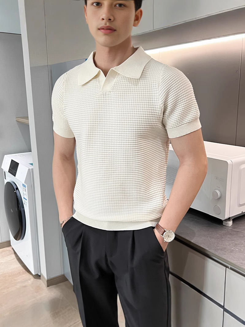 Comercio exterior una camisa de polo de punto delgada de verano de moda masculina con cuello ligero de textura de viento maduro T mangas cortas