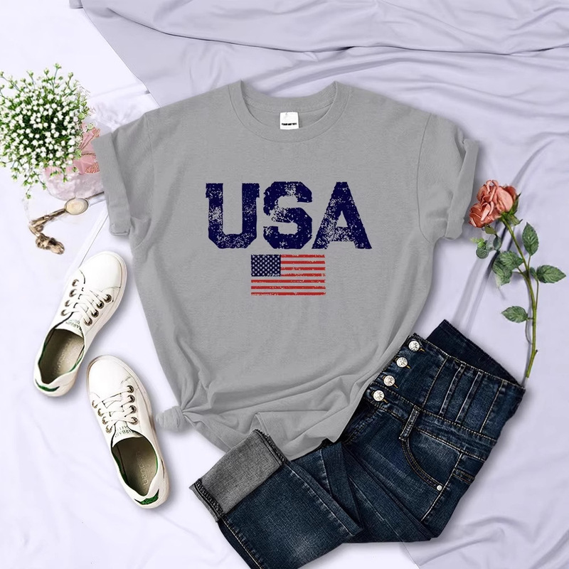 Cross-Border European and American Trendy Usa American Flag Printed Short-Sleeved Men's and Women's Unisex Loose Sports Tops Pullovers