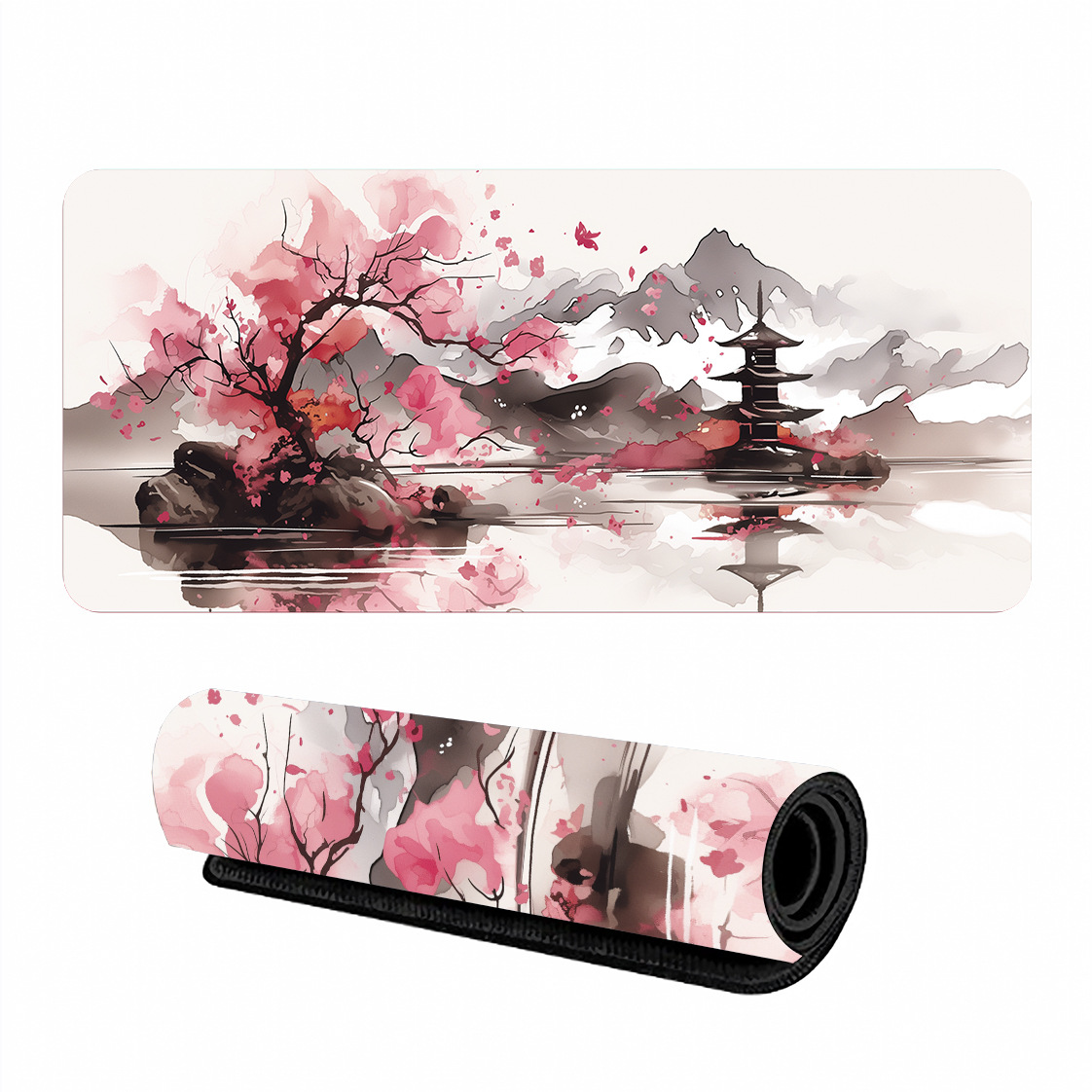 Unbranded Ink Wash Cherry Blossom Desk Mat Large White/Pink