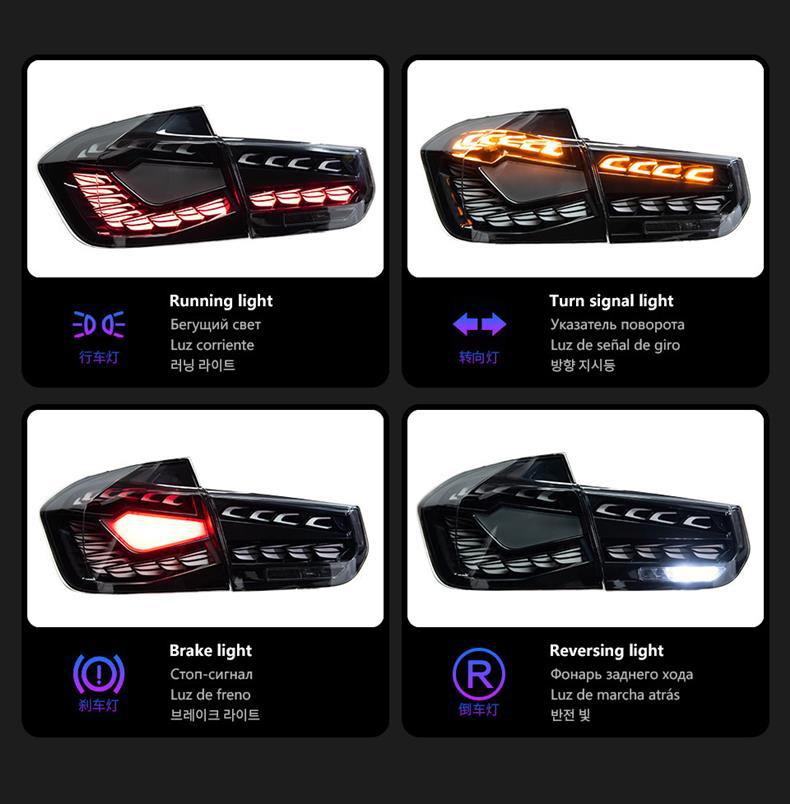 Specifically designed for BMW 3 Series F35 tail light assembly, F30 modified white dragon scale venom tail lights, sequential turn signals, and brakes