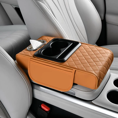 Four-In-One Car Booster Pad Armrest Box Nappa Leather Double Water Cup Holder Car Storage Box Portable Tissue Box in the Car (Armrest box pad) - quilted-embroidery-style-ideal-orange-4-in-1