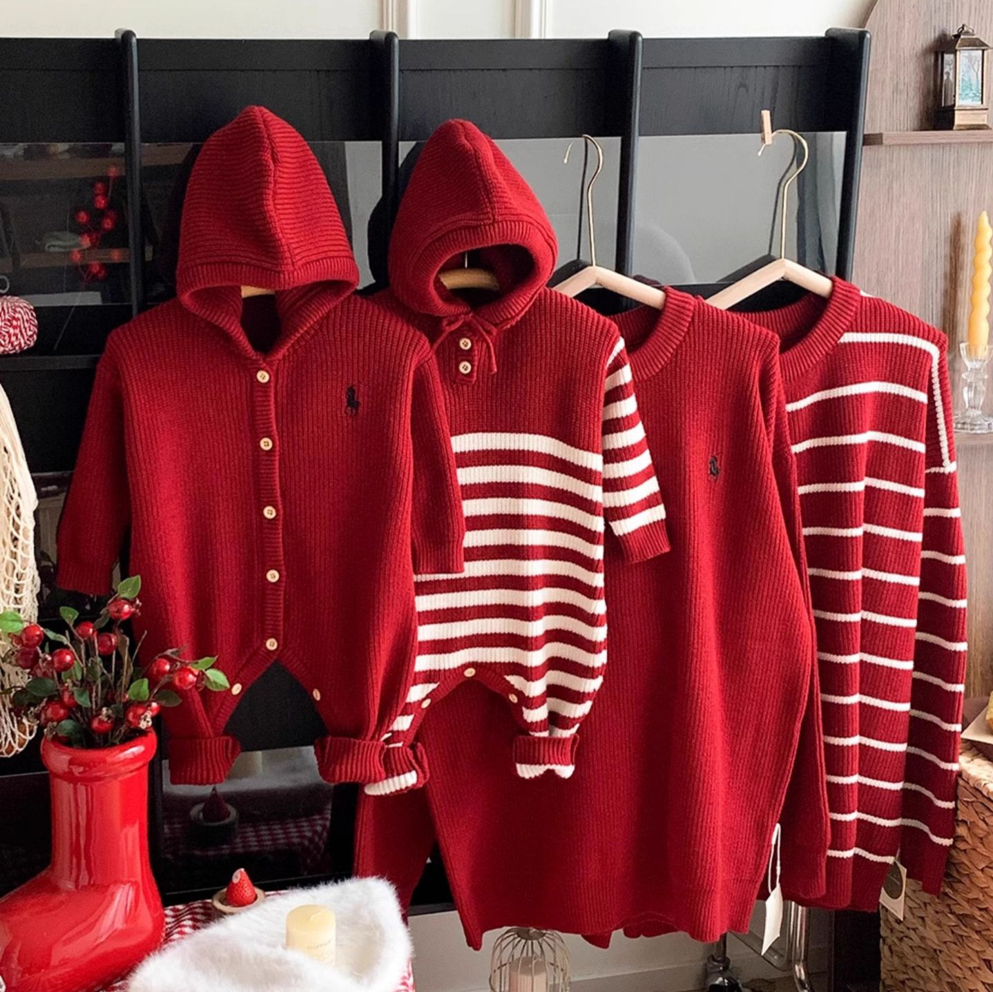 过年亲子装红色毛衣2025秋冬新款一家三口四口母子母女装爬服满月