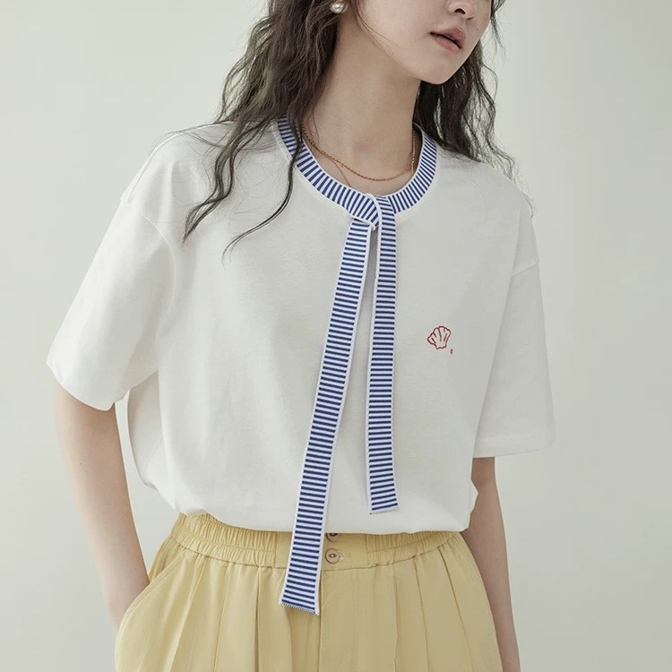 "North Island" French Color-block Strap Round Neck Short-sleeved T-shirt Women's Summer Design Embroidered Top