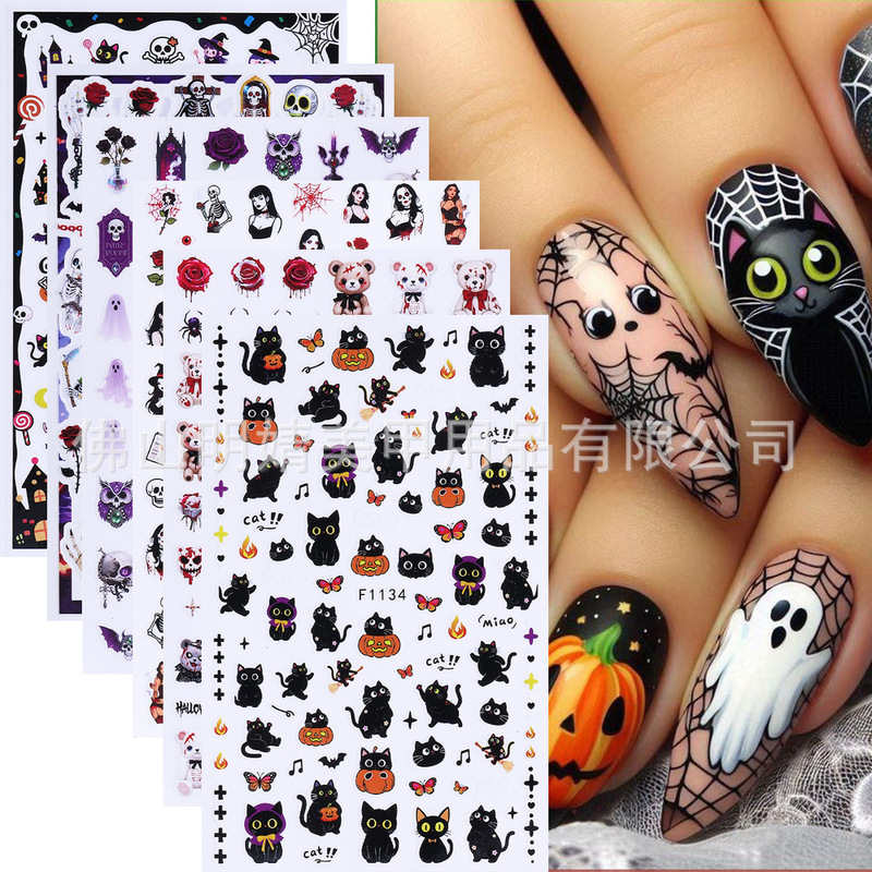 New Cross-Border Halloween Nail Art Stickers Ins Style Dark Gothic Iron Window Black Cat Pumpkin Skull Halloween Stickers