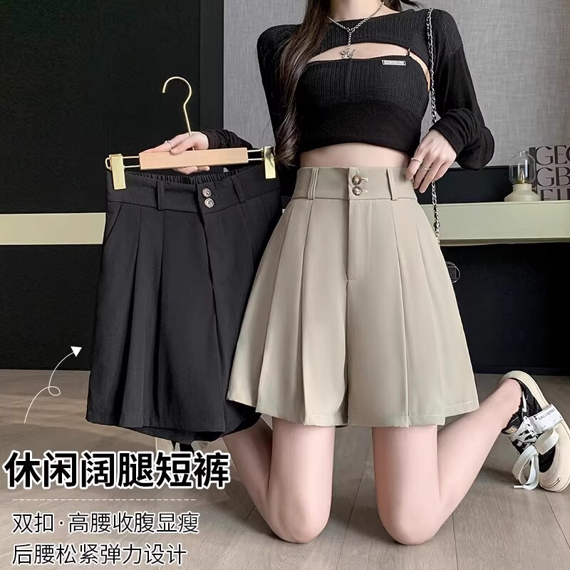 Summer New Suit Fabric Shorts Elastic Waist Slimming Look A-Line Culottes Women's Casual Versatile Large Size Women's Pants A4177