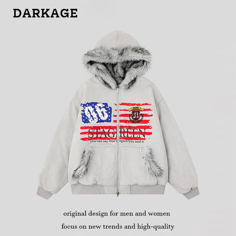 美式复古旗帜印花大毛领连帽棉衣厚外套女男冬季新款夹棉宽松棉服