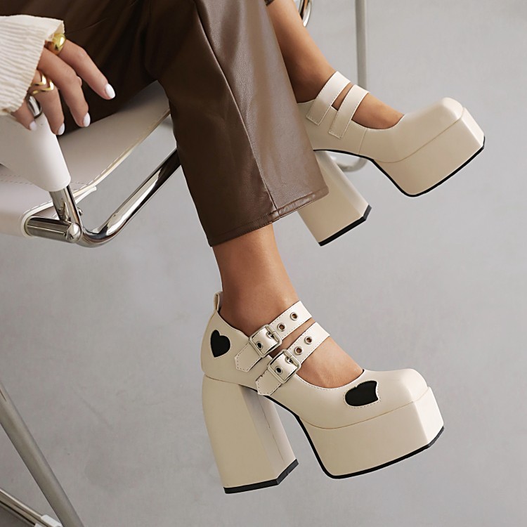 New square head double buckle love splicing single shoes waterproof platform thick high heel women's shoes_voghion.com