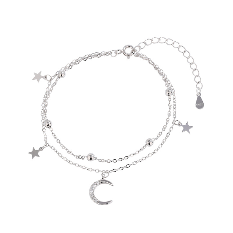 Pulsera de luna de estrella de doble capa de plata esterlina 925 para niñas ins dulce fresco nicho diseño novias Luz de lujo de alta calidad pulsera