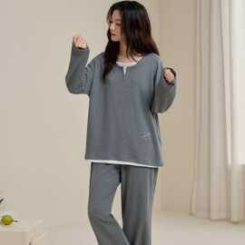 春秋新款纯棉女长袖长裤套头睡衣假两件时尚休闲女家居服图片色