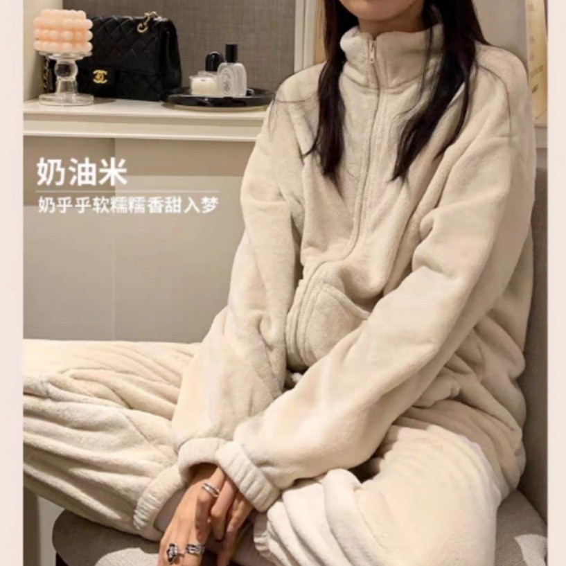 Conjunto de Pijamas de Franela de Terciopelo Coral para Otoño e Invierno, Bonito y Moderno, para Estar en Casa, de Manga Corta, Manga Larga y Pantalones Largos