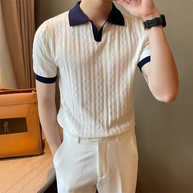 Herren-Sommerpullover aus Eisseide, Strick, Kurzarm, lässiges T-Shirt im koreanischen Stil, trendige Slim-Fit-Passform, vielseitiges Oberteil_voghion.com