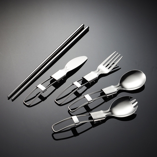 Aion 304 stainless steel portable folding knife, fork, spoon, chopsticks tableware, outdoor supplies, wire handle gift cross-border set