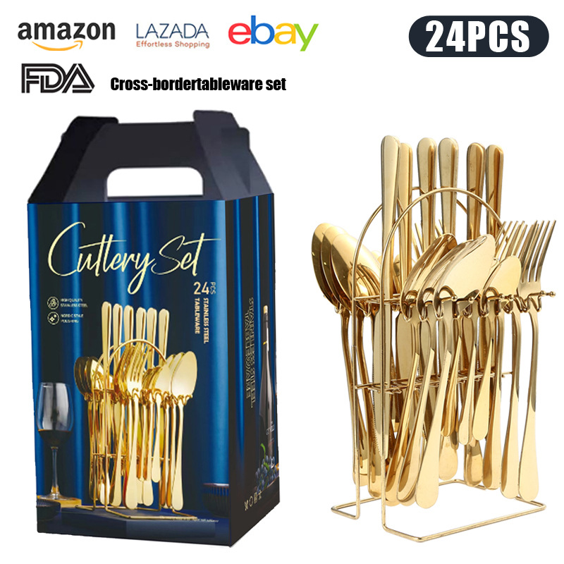 Venta caliente transfronteriza cuchillo de acero inoxidable, tenedor y cuchara traje de vajilla Caja de regalo de 24 piezas 1010 comida occidental cuchillo y tenedor de cuchara chapados en oro