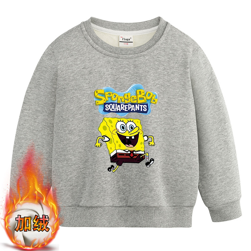 Children's Clothing Boys and Girls Sweater fleece-lined Children's Winter Spongebob Top 2025 New Autumn and Winter Boy's Round Neck Shirt