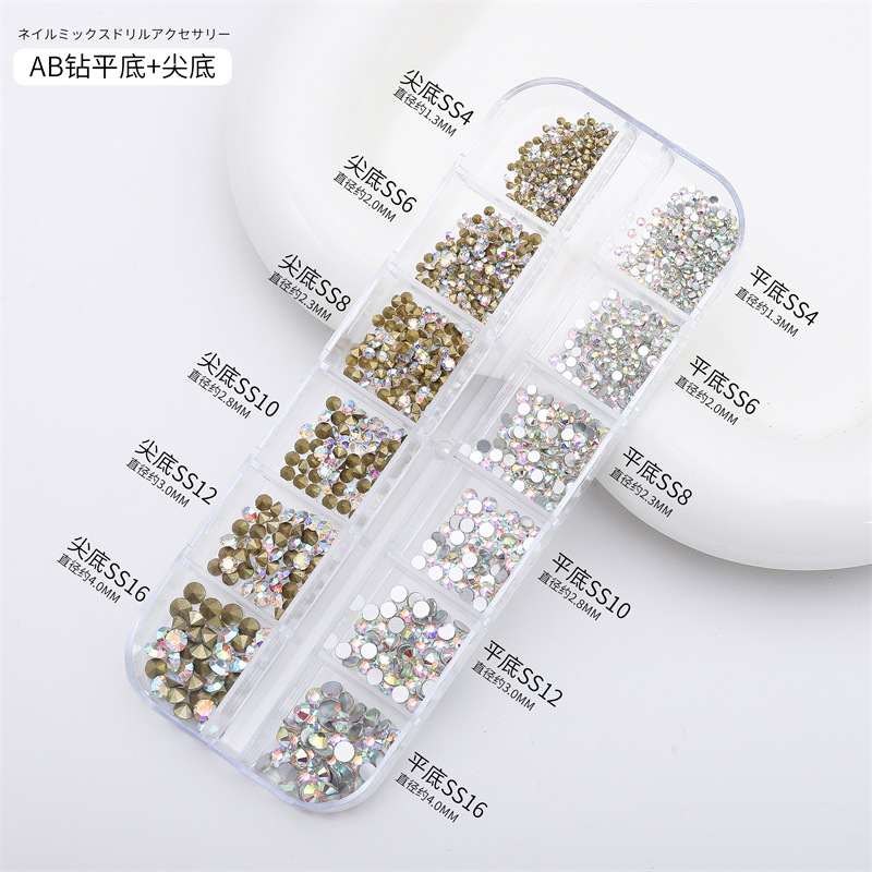 Caja larga de 12 cuadros para uñas y joyas de diamantes de imitación fondo plano plano transparente diamante AB manicura mezcla de diamantes decoración de diamantes de uñas