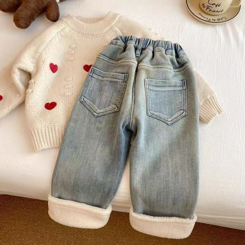 女童裤子冬季新款圣诞牛仔裤新中式安可拉红女宝加厚长裤外出休闲|undefined