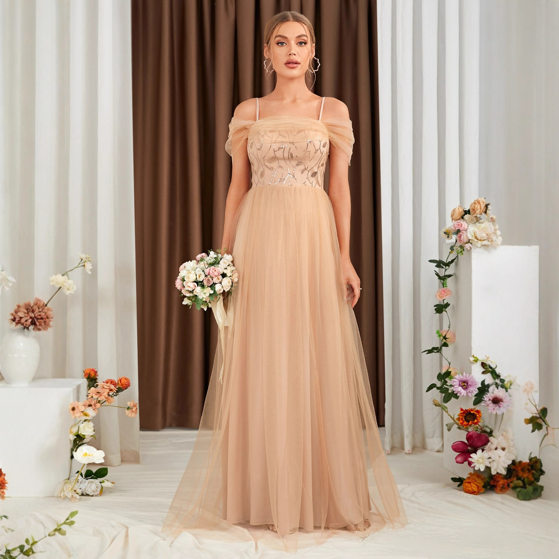 European and American Off-Shoulder High-End Evening Dress 2026 New Style Aliexpress Mesh Splicing Slim Fit Elegant Hostess Dress for Women