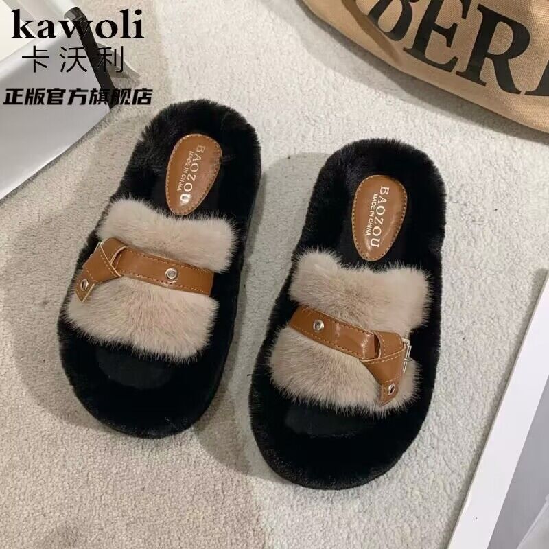 Zapatillas gruesas cruzadas con lana para mujeres otoño y invierno nuevas zapatillas de algodón doméstico de fondo suave grueso muffin