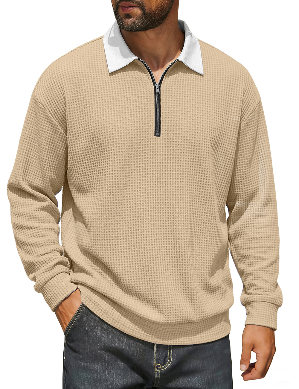 Europa y los Estados Unidos de la nueva primavera de hombres con solapa semiacremallera Waffle color superior americano casual comercio exterior jersey