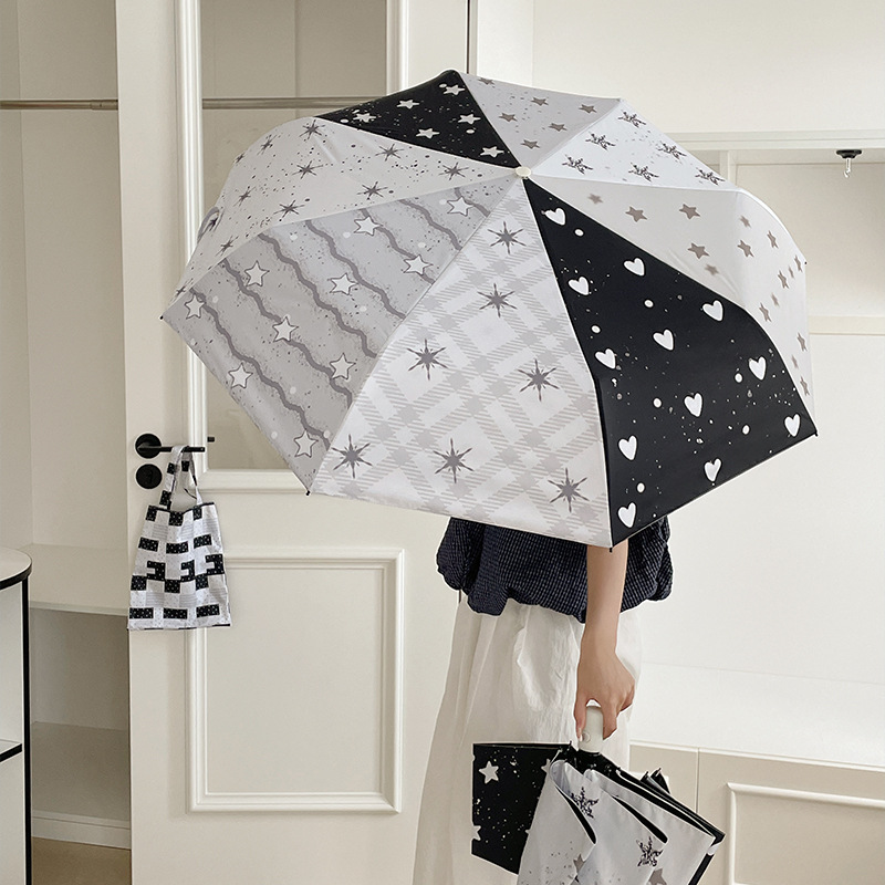 Star Patchwork Curved Handle Umbrella, Black-Coated Umbrella, Top Quality For Both Rain And Sun, Foldable, UV Protection_voghion.com