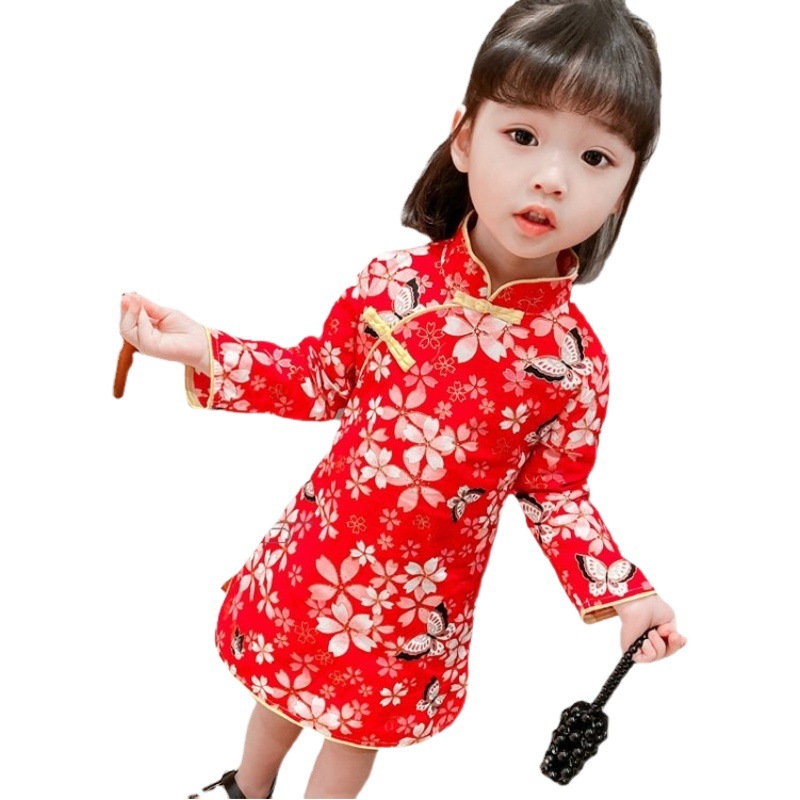 Las niñas de otoño cheongsam vestido de Año Nuevo saludo ropa de los niños niña Tang traje de estilo chino de primavera y otoño Hanfu Año Nuevo vestido
