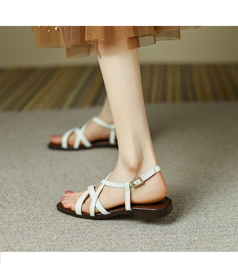 Dép sandal nữ xỏ ngón đế bệt da bò dệt hở mũi phong cách La Mã — Màu nâu chi tiết 7