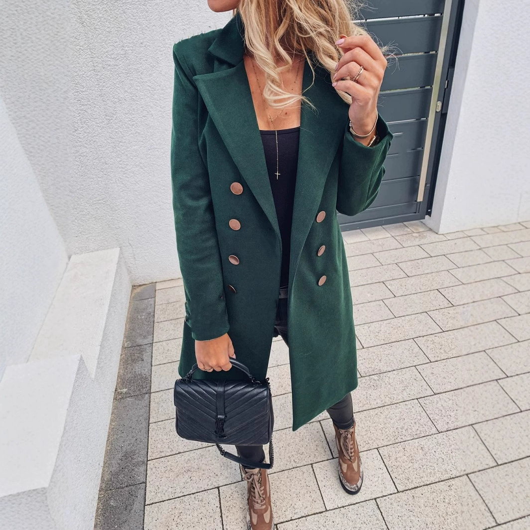 EBAY AliExpress WISH популярная осенне-зимняя одноцветная двубортная женская шерстяная верхняя куртка средней длины с длинными рукавами, женская одежда