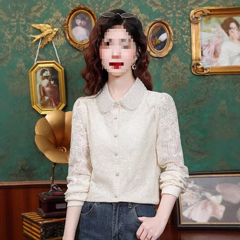 法式重工钉珠娃娃领蕾丝雪纺衫女2025春秋新款高级感减龄洋气上衣