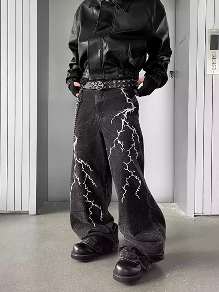 Lightning Embroidered Black Jeans for Men, Straight-Leg, Loose, Wide-Legged, American High Street Pants, Trendy Brand, Handsome Street Design