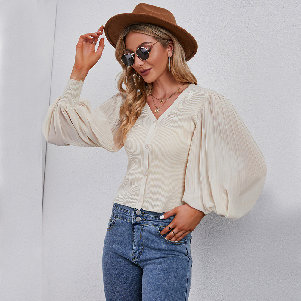 Solid Color Puff Sleeves Crop Cardigan NSJR100297