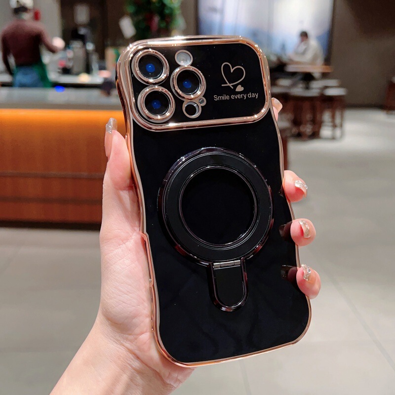 iPhone17Promax対応 波型ハート型スマホケース Apple15対応 メッキ磁気スタンド付き 落下防止保護ケース|undefined