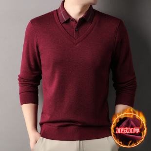 Kedingsen red middle-aged warm fake two-piece sweater men's lapel bottoming long sleeve casual sweater tide wholesale