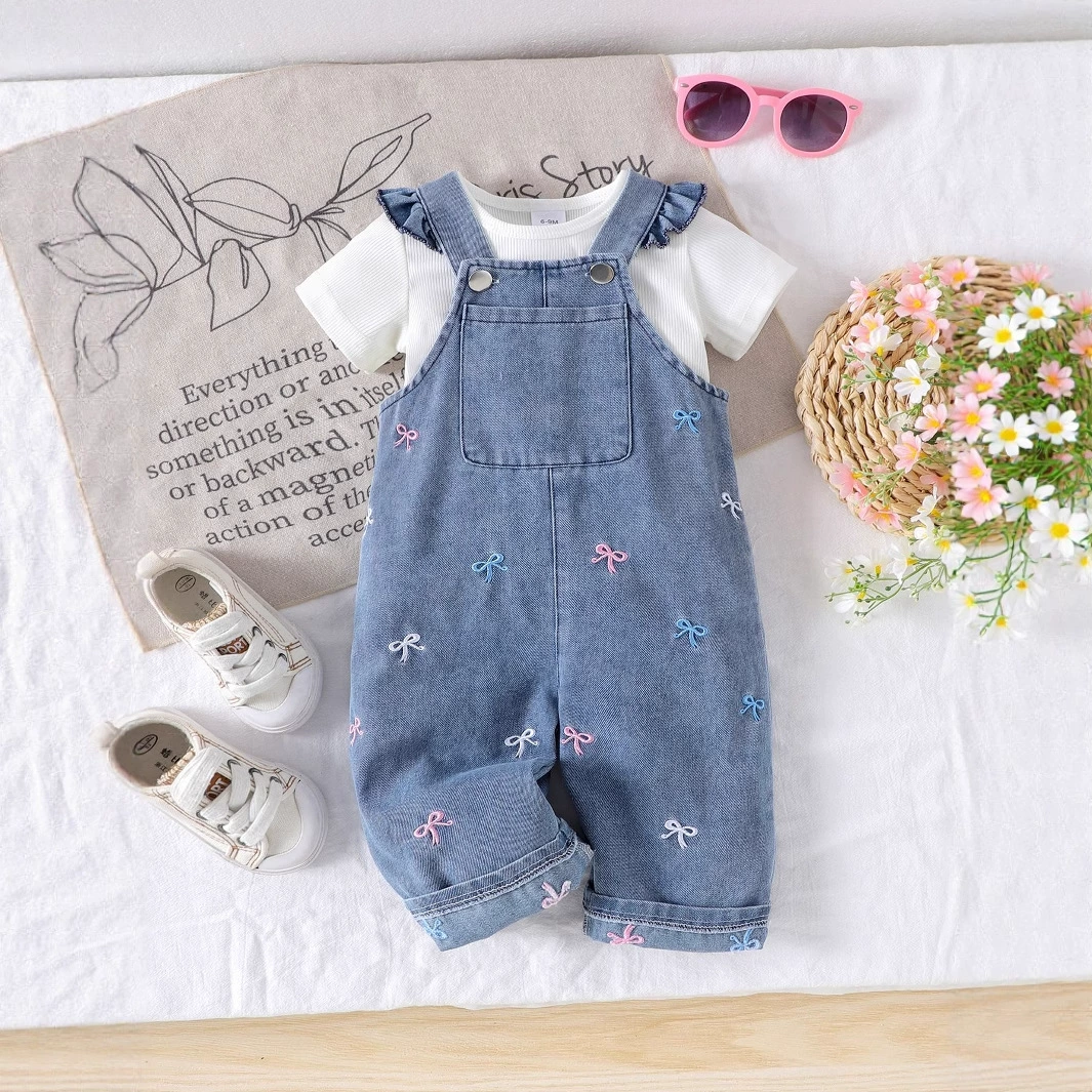 Летний комплект: джинсовая футболка, брюки с бантом, с коротким рукавом, вышивка, утягивающий эффект