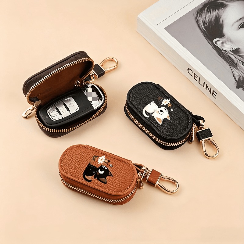 Lychee-patterned leather women's key pouch with a cute cat print, a mini and portable zippered key bag
