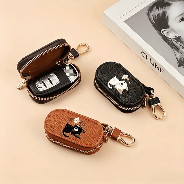 Lychee-patterned leather women's key pouch with a cute cat print, a mini and portable zippered key bag