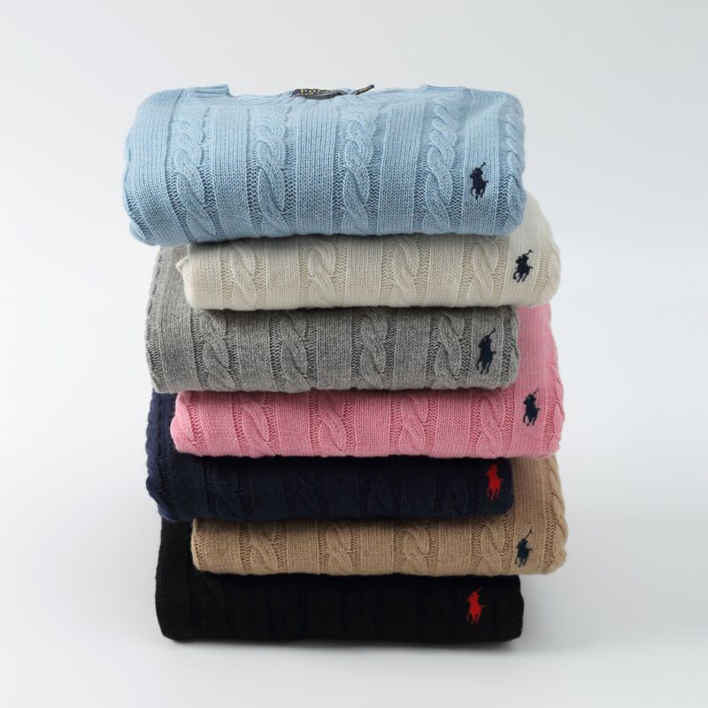 Winter Rl Pullover Sweater, Round Neck Sweater, Couple's Sweater with Pony Embroidery, Cable Knit Sweater, Casual Wool Sweater, Warm and Thickened