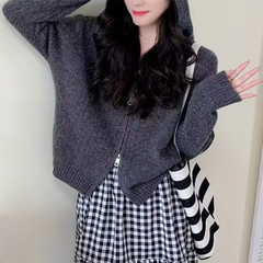 秋季韩版新款宽松慵懒风毛衣外套显瘦上衣连帽双头拉链针织开衫女