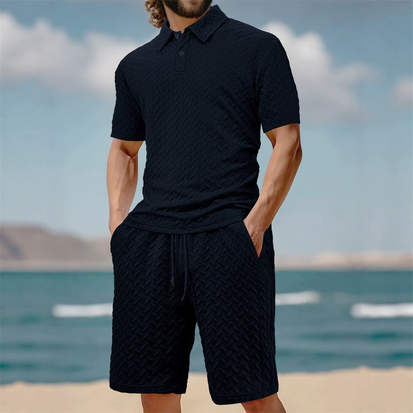 Men's Short Sleeve Polo Shirt Set Jacquard Design Comfort Fit Casual Summer Wear Breathable Polyester Fabric_viptrois.com