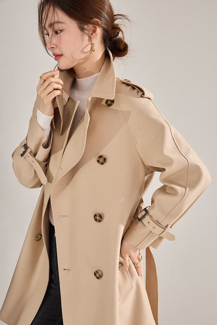 Womens Autumn Red Trench Coat Lapel Collar Double Breasted Leisure