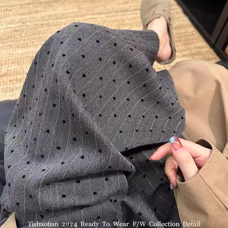 灰色条纹爱心植绒阔腿裤女2025秋季新款韩系高腰宽松直筒西装裤子|undefined
