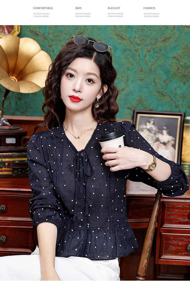 Áo sơ mi nữ tay dài cổ nơ bướm họa tiết chấm bi phong cách vintage — Xanh lông mòng đen chi tiết 15