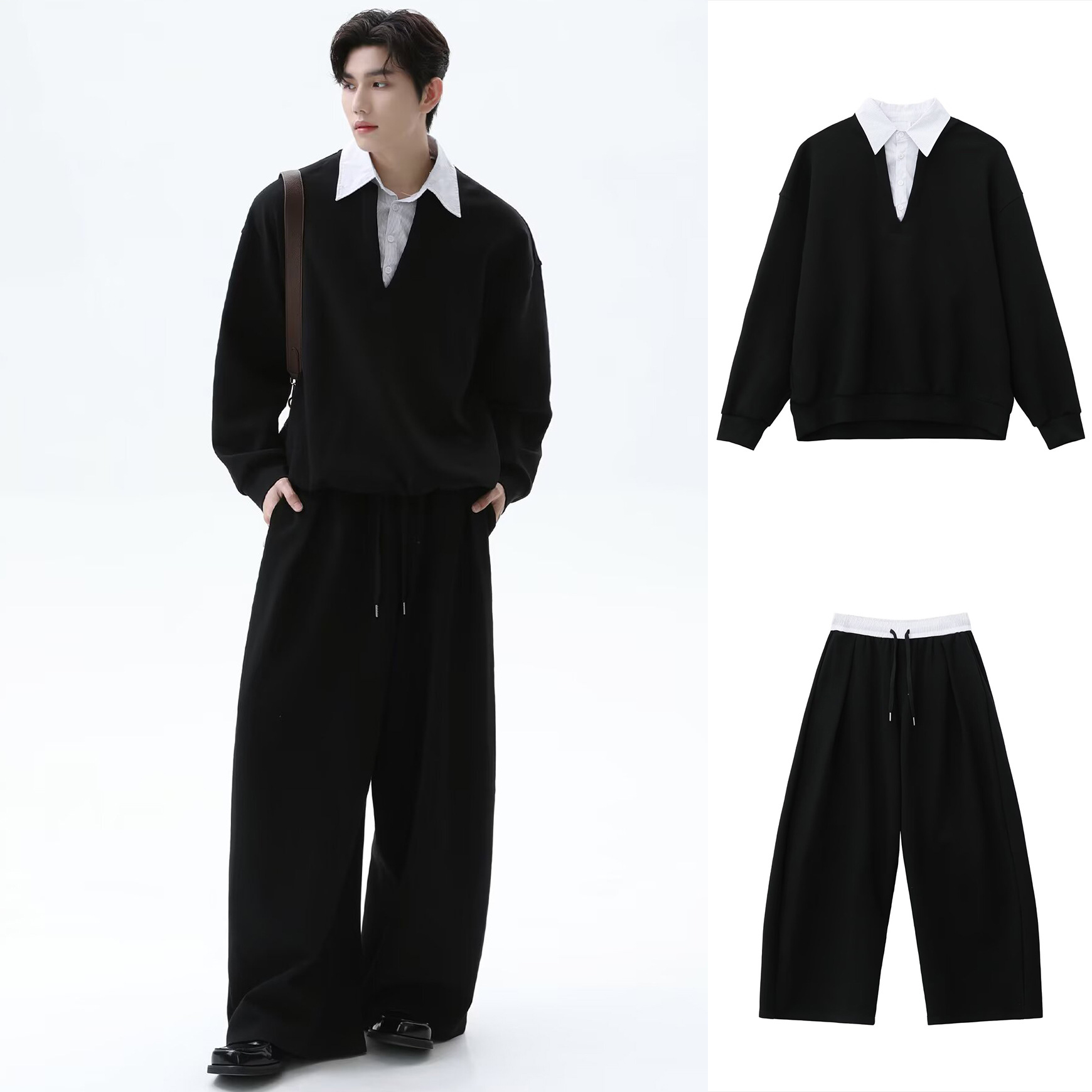 Falsa de dos piezas camisa polo camisa de empalme suéter hombre manga larga pantalones largos conjunto completo viejo viento de dinero fábrica transfronteriza mayorista