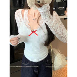 蕾丝拼接v领长袖针织T恤女秋季修身紧身内搭白色短款打底上衣