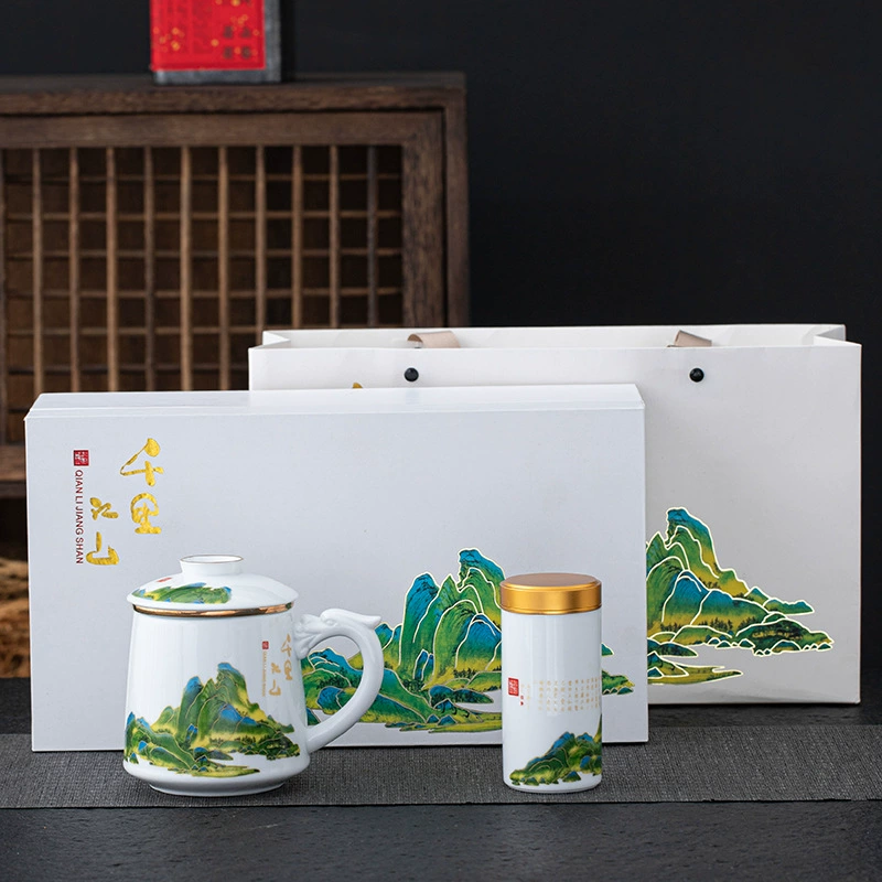 Керамическая чашка для воды Qianli Jiangshan, чайная банка, подарок на корпоративное собрание, фильтр, офисная чаша с крышкой