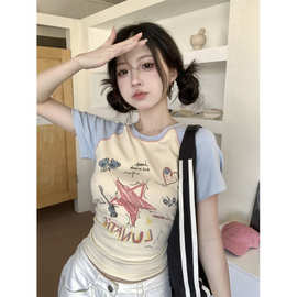 蓝杏色短袖t恤女大童2025新款夏季初中高中学生宽松半袖纯棉上衣